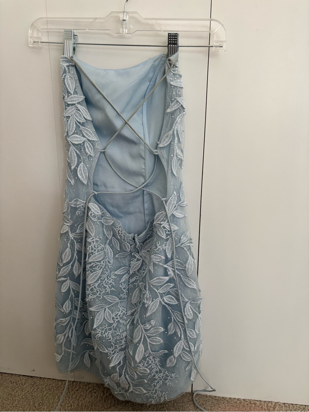 Sherri Hill Light Blue Lace Appliqué Prom Dress with Crisscross Back